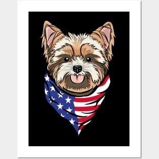 Yorkshire Terrier Dog Head Wearing American Flag Posters and Art